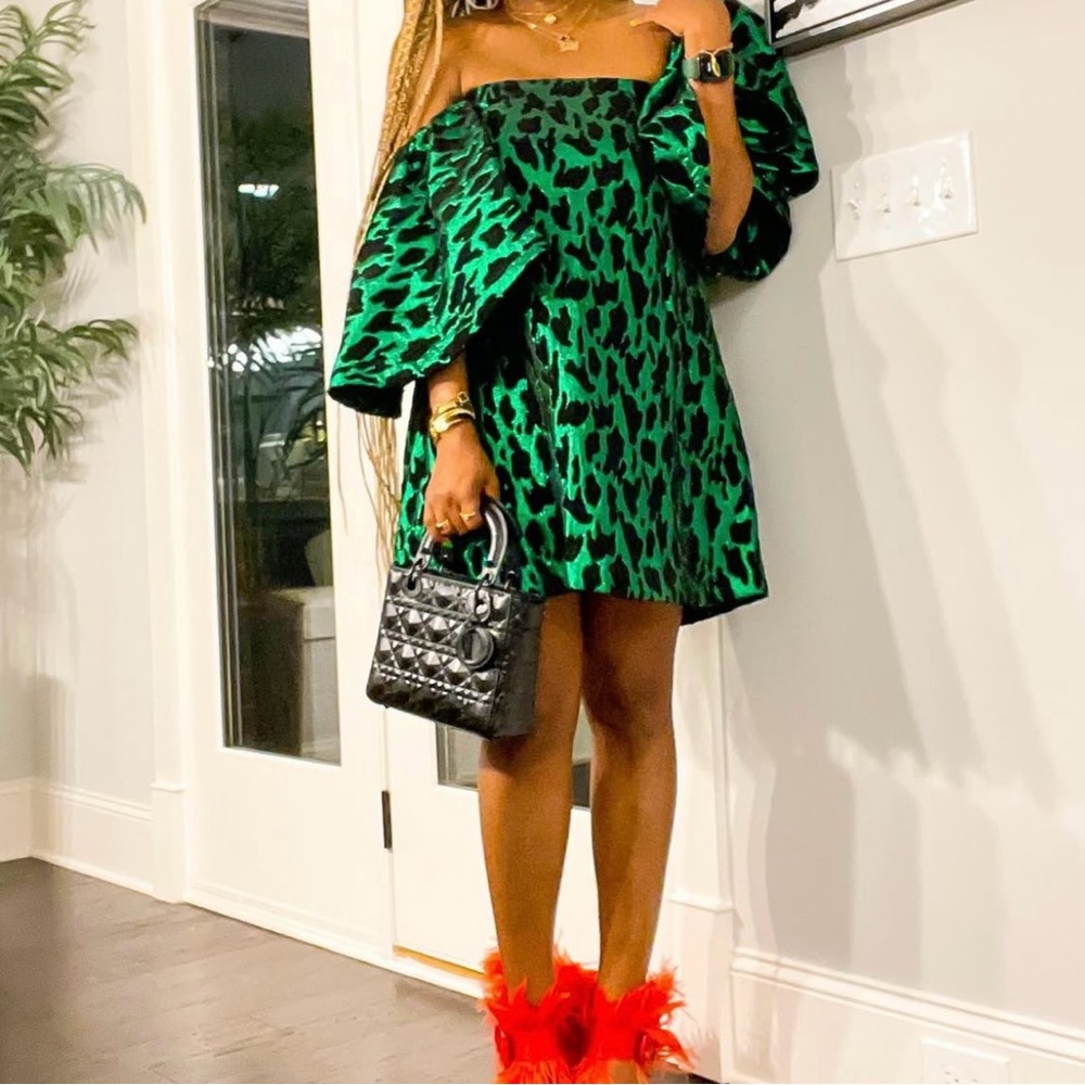 ASOS DESIGN off shoulder green leopard print dress